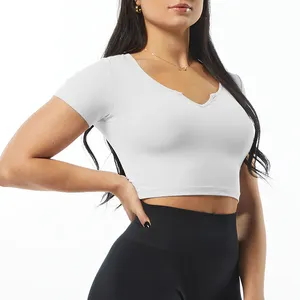 Camiseta de entrenamiento con logotipo personalizado para mujer, Top corto con cuello con muescas, camiseta de tela lisa