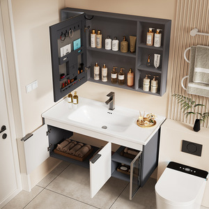 Mueble de baño sencillo con lavabo, espejo y almacenamiento, mueble con espejo para maquillaje, lavabo integrado de cerámica - Product Image 4