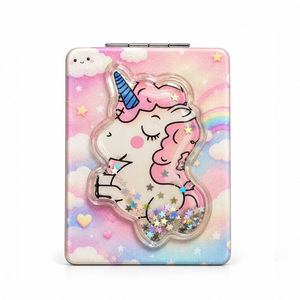 Miroir de poche compact pliable rectangulaire à paillettes liquides avec logo personnalisé motif cheval mignon et nuage pastel, vente en gros - Product Image 2