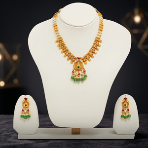 22K Gold Kundan Temple <b>Necklace</b> Set with <b>Ruby</b> Emerald Stones Pearl Beads and Matching Earrings for Indian Bridal Wedding Jewelry - Product Image 4