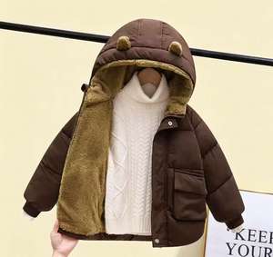 Veste matelassée à capuche avec oreilles d'ours pour enfants, manteau d'hiver épais doublé de polaire pour tout-petits garçons et filles, vêtements d'extérieur chauds de couleur unie - Product Image 4