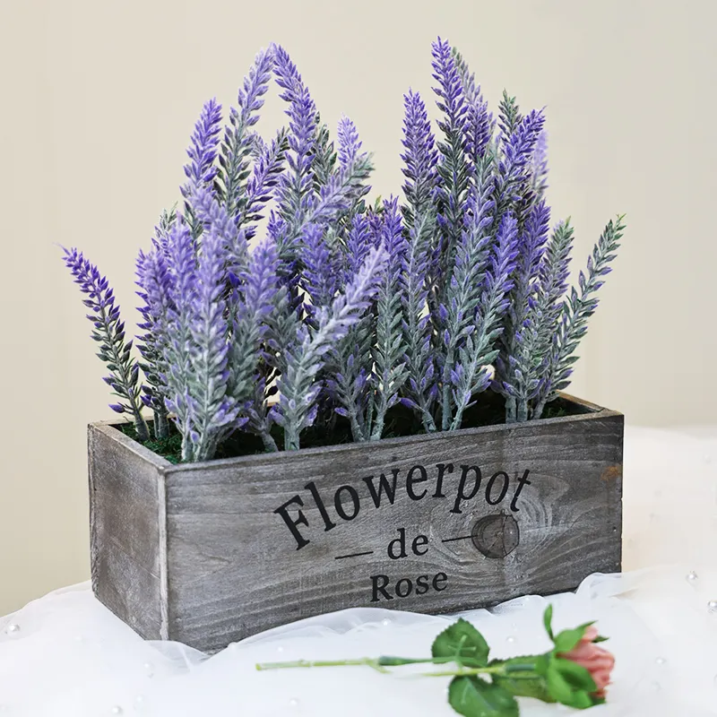 Artificial Flower Potted Lavender with Wood Planter for Home Decorative Artificial Lavender in Wooden Planter