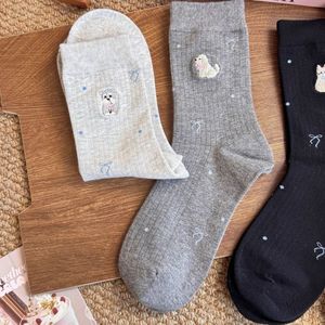Cute Puppy And Kitten Cartoon Mid Calf Socks For Women Sweat Absorbent Antibacterial Regular Casual Socks With Bow Pattern - Product Image 2