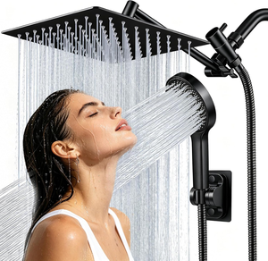 Juego de ducha de mano de acero inoxidable negro con cabezal de lluvia, brazo de extensión ajustable y grifo de ducha cuadrado para baño - Product Image 1