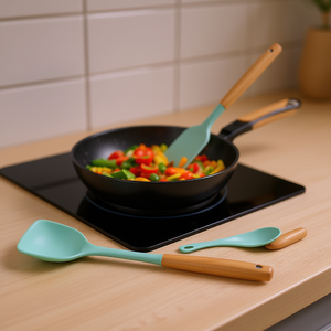 CJCF2461485 Juego de utensilios de cocina de silicona, 6 piezas, mango de madera, resistentes al calor, herramientas de cocina multifuncionales, verde claro - Product Image 2