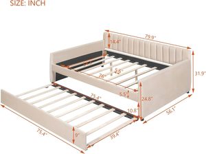 Canale verticale trapuntato testiera Full Size Daybed telaio strascico imbottito in velluto <span class=keywords><strong>Beige</strong></span> divano <span class=keywords><strong>letto</strong></span> per soggiorno <span class=keywords><strong>camera</strong></span> <span class=keywords><strong>da</strong></span> <span class=keywords><strong>letto</strong></span> - Product Image 2