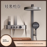 Ensemble de douche mural multifonction pressurisé gris anthracite brossé pour salle de bain, avec jets pluie et jet, cartouche céramique et étagère de rangement