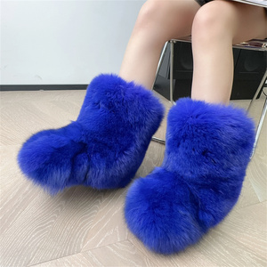 Luxe marron rose véritable fourrure de renard couleur unie bottes de neige plates dames bout rond réchauffement sans lacet haut loisirs mi-mollet bottes - Product Image 4