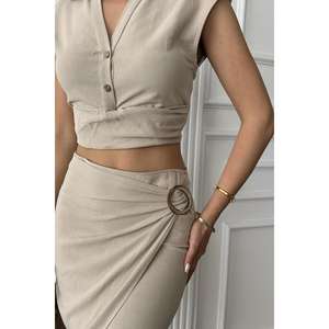 ชุดเสื้อแขนกุดผ้าลินินคอตตอนและกระโปรงสำหรับผู้หญิง สไตล์มินิมอล ระบายอากาศได้ดี สีวีซ่า สไตล์นอร์มคอร์ ขายส่ง - Product Image 1