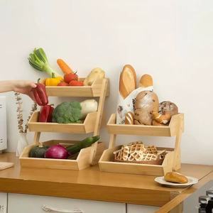 Panier de rangement multi-niveaux en bambou pour fruits, légumes et pain, avec trois étages, pour l'organisation du comptoir de cuisine - Product Image 1