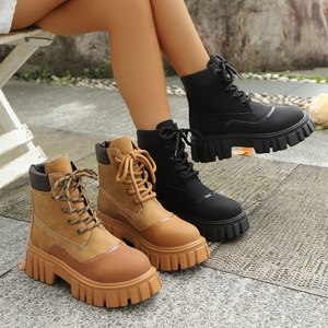Nouvelles Bottines <span class=keywords><strong>Femme</strong></span> Style Européen Américain Britannique à Lacets Respirantes à Talon Carré Bout Court Fines Bottes Chevalier - Product Image 2