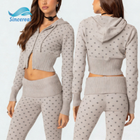 Ensemble deux pièces pour femme à pois personnalisé en polyester et coton, avec capuche et fermeture éclair, coupe ajustée, respirant, écologique, confortable et extensible