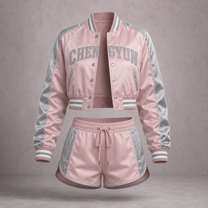 Ensemble veste de baseball courte et short personnalisés avec coque en satin et broderie appliquée - Product Image 1