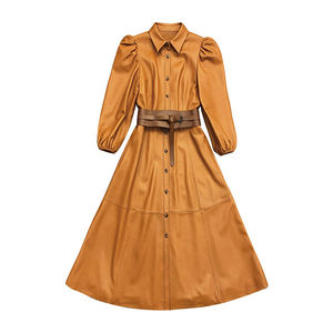 <span class=keywords><strong>Vestido</strong></span> de <span class=keywords><strong>Cuero</strong></span> Genuino de Lujo para Mujer, Estilo Camisero, con Mangas Abullonadas, Cuello Camisero, Corte Midi, Cierre de Botón Sencillo - Product Image 1