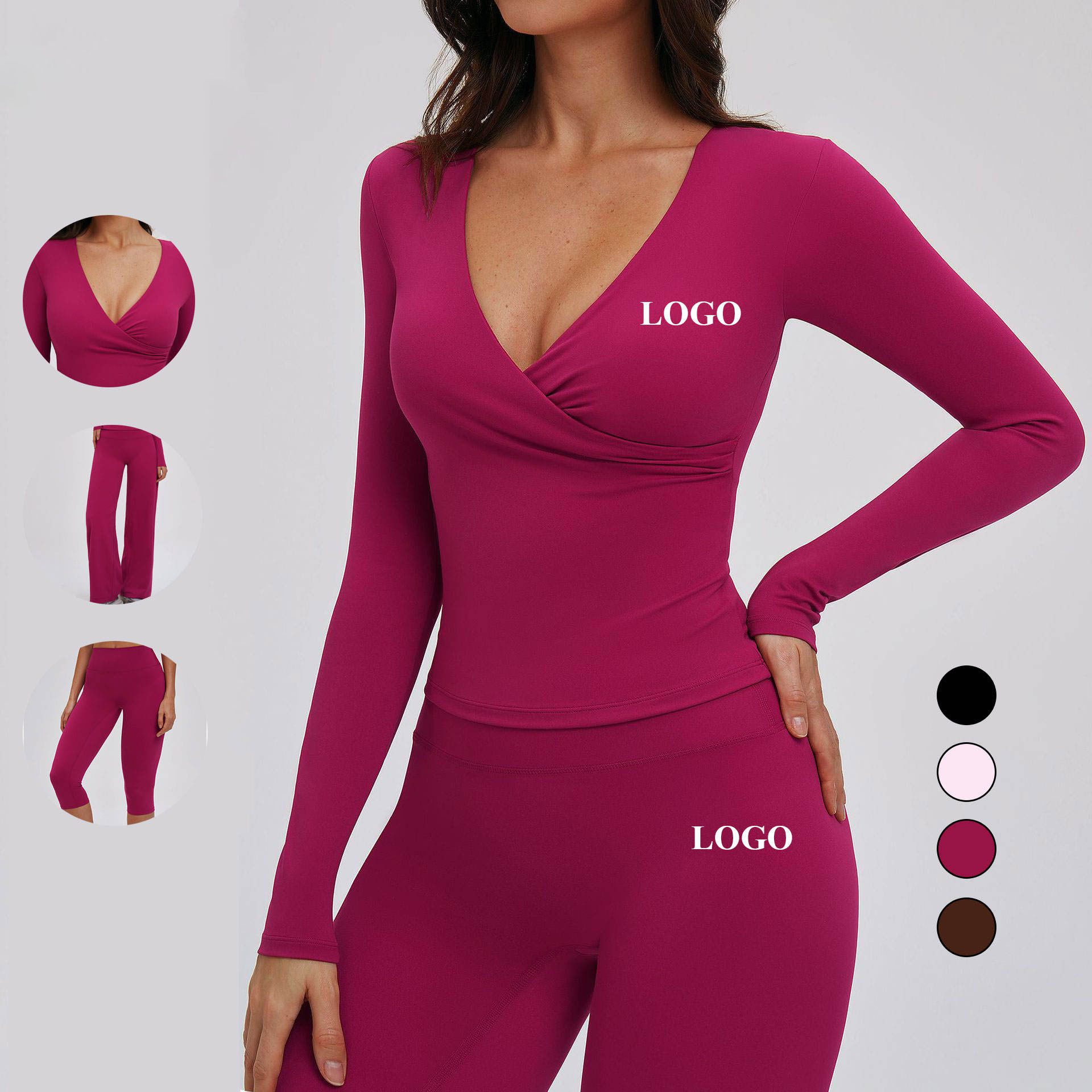 Custom Logo Cover up Style Gym Wear Quick Dry Yoga Top Breathable Women Deep V Neckline Long Sleeve T Shirts