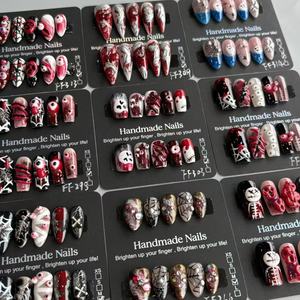 Nouvelles Ongles Press-On Style Gothique Sombre Halloween Spicy Girl Y2K, Design 100% Fait Main avec Strass, Faux Ongles pour Doigts - Product Image 1