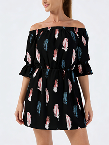 Robe décontractée mi-longue à imprimé plumes et épaules dénudées pour femme, manches évasées, taille naturelle, pour l'été et le quotidien - Product Image 6