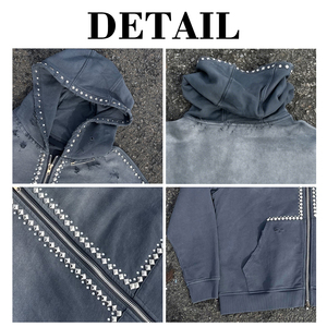 เสื้อฮู้ดซิปผู้ชาย ผ้าคอตตอน 100% หนัก 500gsm ทรงโอเวอร์ไซส์ ตกแต่งหมุดและคริสตัล ล้างสีแบบซันเฟด พร้อมโลโก้สั่งทำพิเศษ คุณภาพสูง - Product Image 6
