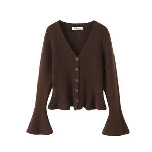 Cardigan en maille à col en V Runqi, manches longues, ourlet à volants, grande taille pour femme, anti-boulochage, design asymétrique, pull marron - Product Image 5