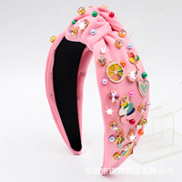 Nouveauté transfrontalière : Accessoires pour cheveux en tissu, faits main, à large bord, avec motifs Cœur Licorne, Perles, Diamants, Ballons, Amour et Arc-en-ciel, et ornements adhésifs