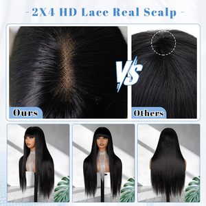 Perruque sans colle à double trame, lisse comme un bâton, avec <span class=keywords><strong>frange</strong></span>, en cheveux humains Remy vietnamiens bruts, longue et droite - Product Image 5