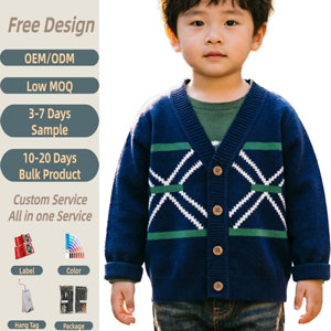 Manteau pull d'hiver pour garçon, en coton tricoté, à manches longues, confortable, cardigan boutonné pour enfants, pull col en V personnalisé - Product Image 1