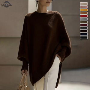Suéter de punto grueso de cuello redondo oversize para <span class=keywords><strong>mujer</strong></span>, estilo europeo y americano, con mangas holgadas tipo murciélago, ideal para otoño. - Product Image 4