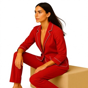 RN EXPORT Bold Red Blazer Co-Ord Set <b>Women</b> Soft Polyester Three Quarter Sleeve <b>Jacket</b> Matching Pants Made Gujarat Sizes M L XL - Product Image 1