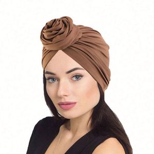 Fashion New Solid Top Knot Women's Turban Hat Pre-Tied Polyester <b>Canvas</b> Fabric One Size Fits Most with Flower - Product Image 2