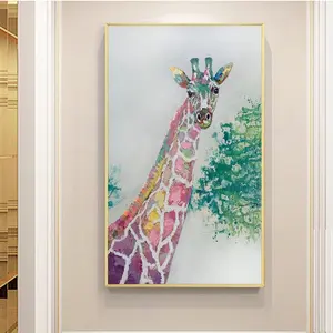 定制装饰手绘动物可爱的彩色长颈鹿油画由手工墙艺术帆布鹿画