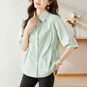 Chemise bleu clair pour femme, à manches courtes, design été, <span class=keywords><strong>haut</strong></span> à volants, coupe ample, amincissante, en coton - Product Image 3