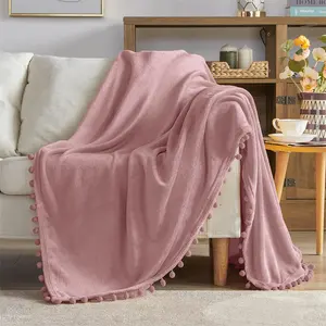 Couverture en polaire avec frange pompon couvertures en flanelle blanche pour canapé couvertures en peluche légères super douces et confortables