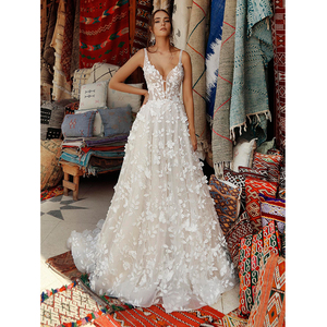 Robe de mariée en dentelle 3D pour femmes, bretelles Spaghetti, appliques en dentelle, robe trapèze, collection <span class=keywords><strong>2022</strong></span> - Product Image 1