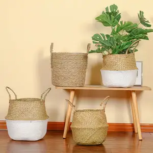 Casa Decoração Da Parede Redonda Tecido Seagrass Planta Flores Pote Belly Basket Handcrafted Seagrass Lavandaria Armazenamento Planter Box com Alça