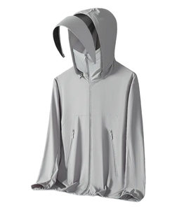 <b>Light</b> Blue Hooded Zip-Up Sun Protection <b>Jacket</b> Full Sleeve Anti-Uv Solid Color Loose Fit with Pockets Unisex Adult - Product Image 5