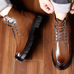 รองเท้าบูทหนังบุขนสัตว์สำหรับผู้ชาย ฤดูหนาว พื้นหนา กันน้ำ แบบผูกเชือก หุ้มข้อสูง สไตล์ลำลอง/ทำงาน สีน้ำตาล/สีดำ - Product Image 1