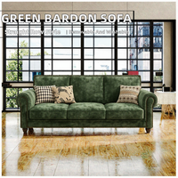 Canapé en velours chenille vert, style américain, trois places, structure en bois, canapé de salon, pieds en bois vintage