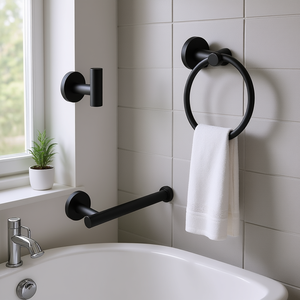 Modern Matte Black Bathroom <b>Hardware</b> Set Wall Mounted Metal Towel Ring Bar Minimalist Design Corrosion Resistant - Product Image 2