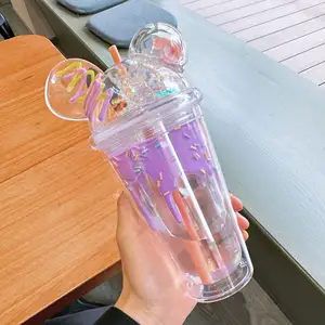 C239可爱卡通闪亮双层塑料吸管杯创意鼠标耳水瓶时尚透明夏季冰激凌马克杯
