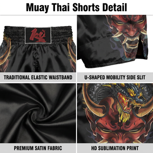 Pantalones Cortos de Muay <span class=keywords><strong>Thai</strong></span> Sublimados con Logotipo Personalizado Profesional, Diseño de Dragón Oni en Satén, para Entrenamiento y Competición - Product Image 3