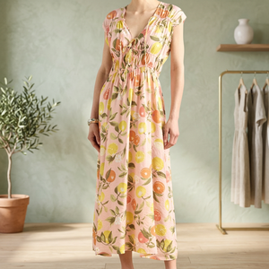 Sweet Style V-neck Sleeveless Casual Dress Rayon Knitted Dropped <b>Elastic</b> Waist Breathable Floral Pattern Floor-Length <b>Lace</b> - Product Image 3