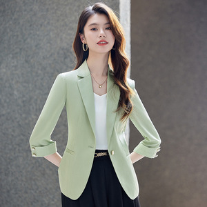 Women's Green Blazer Three Quarter Sleeve Solid Color Polyester Breathable Casual Korean Style Suit Jacket for Petite Women - Product Image 1