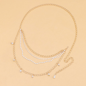 สายสร้อยเอวไข่มุกสำหรับผู้หญิงสีทองสี่ชั้นจี้กลมประดับร่างกายแบบลำลอง - Product Image 3