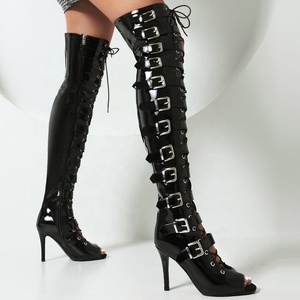 Botas Largas de Verano para Mujer, Tallas Grandes 48, con Punta Abierta, Tacones Altos, Hebillas Metálicas, Botines con Cordones por Encima de la Rodilla - Product Image 6