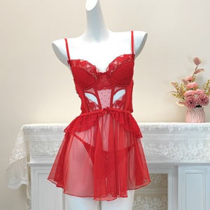 YCH Ingrosso Lingerie Semitrasparente di Alta Gamma con Imbottiture sul Seno, Camicia da Notte Sexy Rossa per Donne - Product Image 1