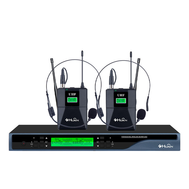 OEM Professional UHF 2-Channel Wireless Lavalier & Dynamic Headset Microphone System Noise Cancelling for Speech Singing Theatre