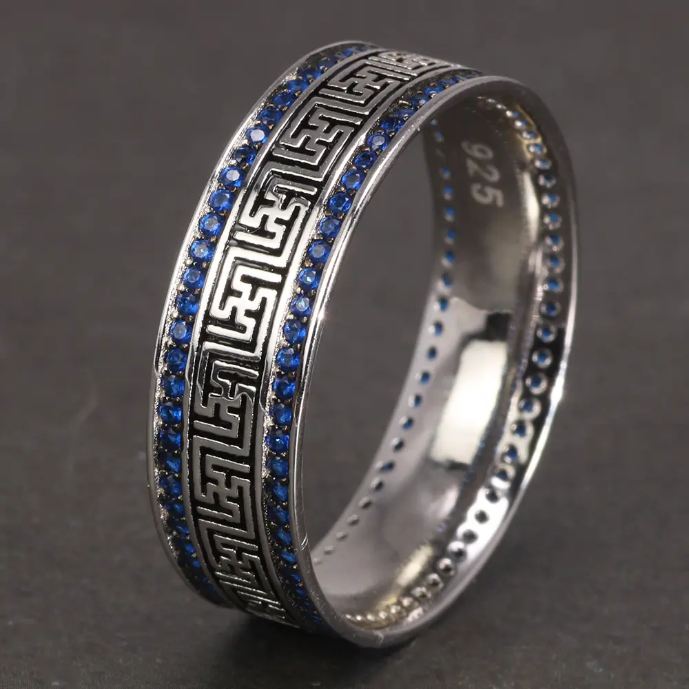 Anelli turchi autentici in argento Sterling 925 per uomo e donna con zirconi rotondi blu anelli Punk retrò gioielli in argento di moda