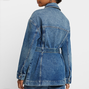 Veste en jean décontractée et stylée pour femmes personnalisée Vestes en jean bleu foncé boutonné Veste en jean délavée moyenne avec ceinture - Product Image 3