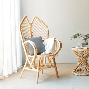 Boho Vintage Rotin tissé à la main Accent Lounge Fauteuil Cadre en bois massif Canne naturelle Meubles pour salon Balcon Patio - Product Image 1