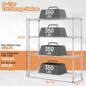 MZG Adjustable 4 <b>Shelf</b> Basement <b>Wire</b> <b>Shelf</b> Unit Heavy Duty Storage Organizer Garage Utility Rack Metal <b>Wire</b> Shelving with Wheels - Product Image 5